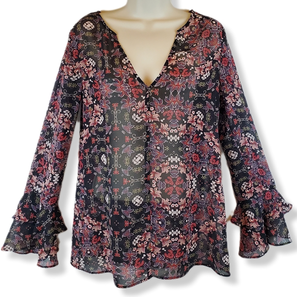 BCBGeneration Black Bohemian Sheer Tunic Top Sz XS Womens Sheer Chiffon Floral